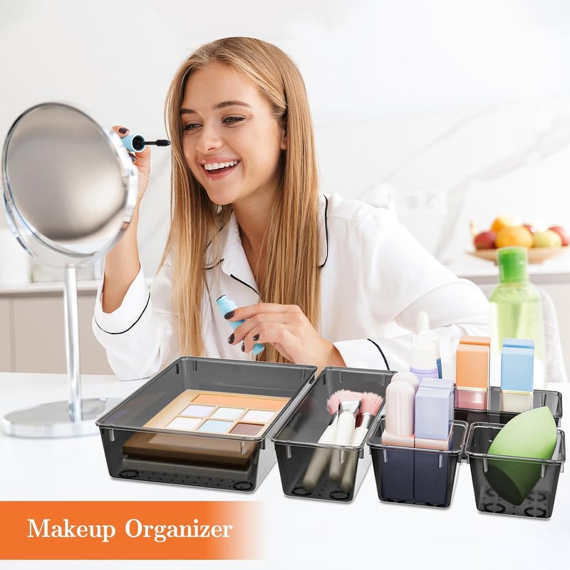 SpaceHacks 25 PCS Plastic Drawer Organizer Set, 4-Size Versatile Organizer Trays & storage Bins for Makeup, Jewelry, and Gadgets in Bathroom, Bedroom and Office,Clear Black - Image 5